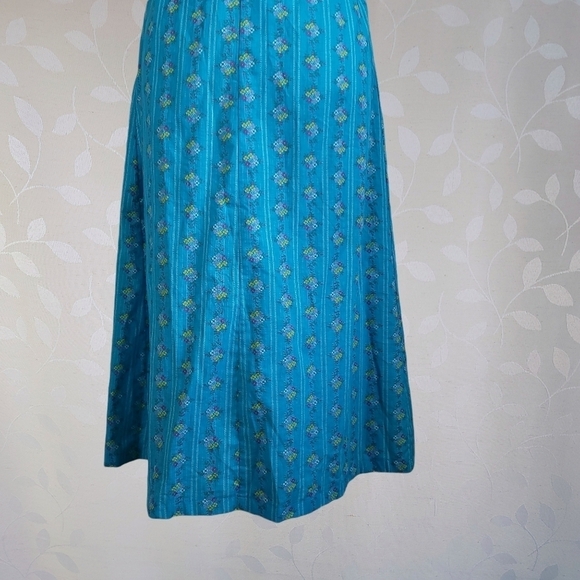 Vintage Cottagecore Floral Button Front Midi Dress Cerulean Blue Cotton V-Neck - Picture 11 of 15